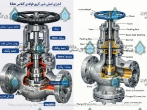 شماتیک یر فلکه کروی فولادی کلاس 150